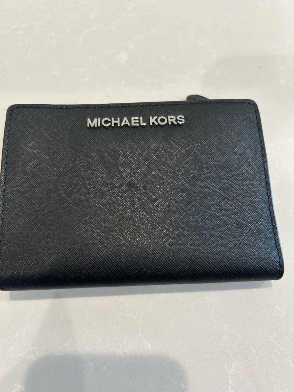 Michael Kors Black Saffiano Leather Compact Wallet with Silver Logo